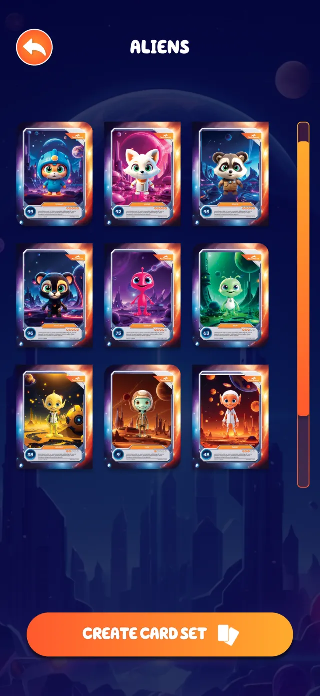 The Aliens card collection screen in the Magic Friends app