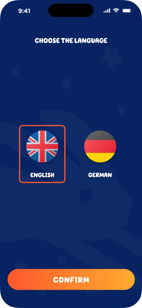 Language selection screen offering English and German